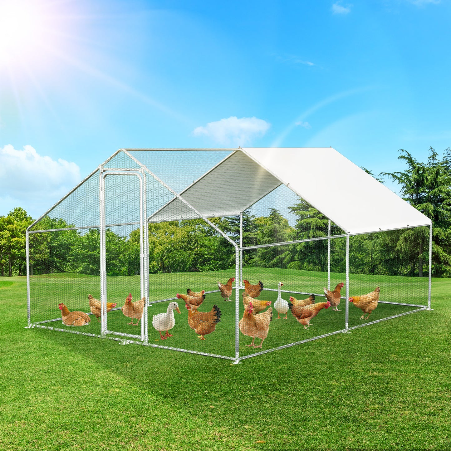 Buitenren Kippenren Konijnenren Dierenren Hokken – 300x600x200 cm – Gegalvaniseerd Stalen Frame – Weerbestendig Met PE-Zonwering
