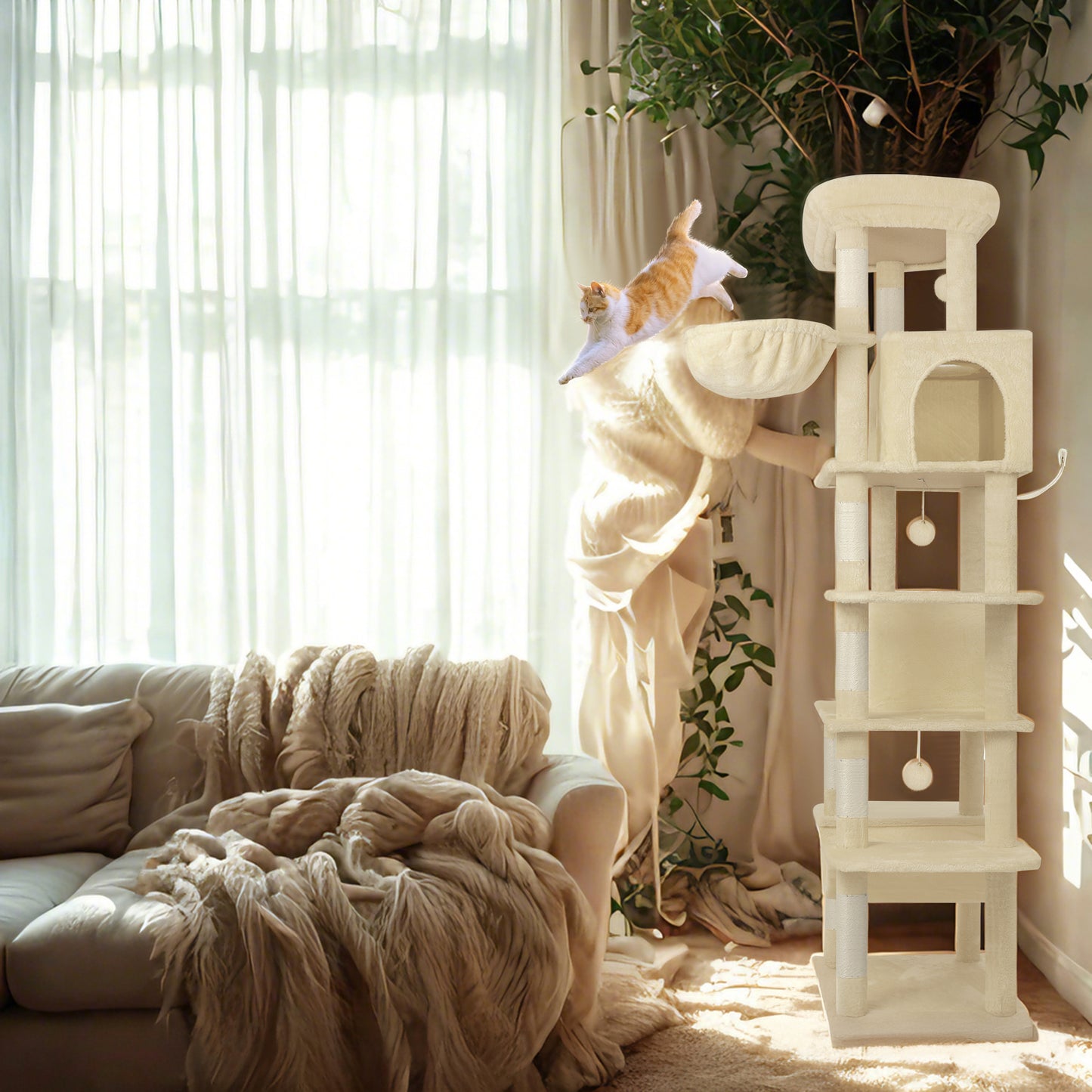 Krabpaal – Kattenkrabpaal – Kattenboom – Kattenhuis – Kattentoren – 210 cm Hoogte – Groot Platform 60x40 cm – Wasbare Mat – 8 Sisal Krabpalen – Geschikt Voor Grote Katten – Beige