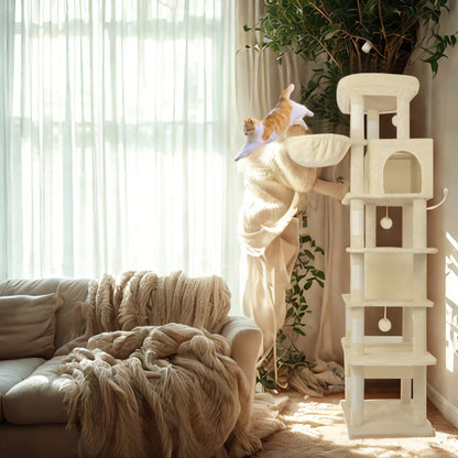 Krabpaal – Kattenkrabpaal – Kattenboom – Kattenhuis – Kattentoren – 210 cm Hoogte – Groot Platform 60x40 cm – Wasbare Mat – 8 Sisal Krabpalen – Geschikt Voor Grote Katten – Beige