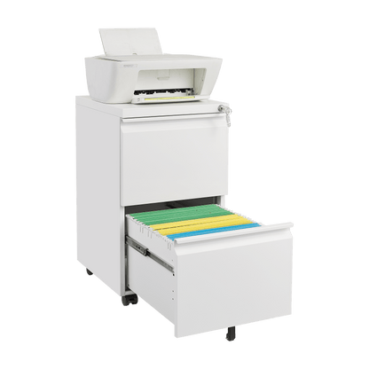 Ladeblok – Ladekast – Rolcontainer – Archiefkast – Bureaukast – Met Slot – Metalen Ladeblok 2 Lades – Compact 65 cm Hoog Wit