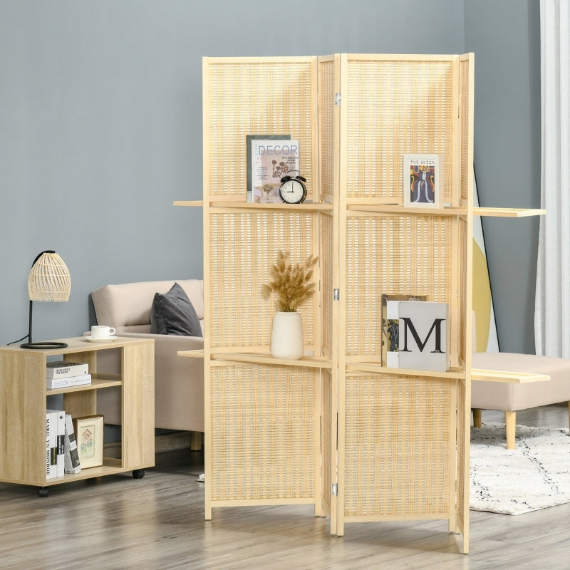 Roomdivider – Kamerscherm – Scheidingswand – Paravent – Vakkenkast – Natuurlijk Hout – 2 Inklapbare Planken