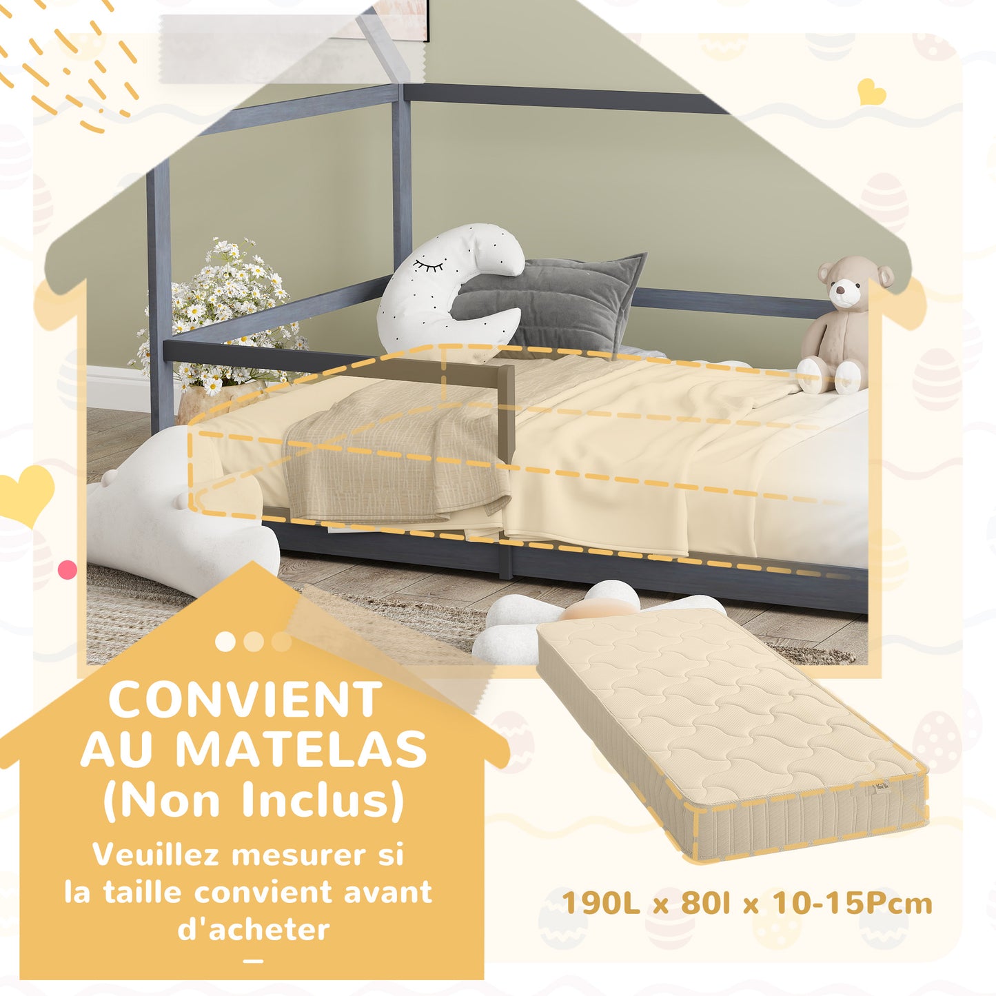 AIYAPLAY Children'S Cabin Bed 90X190 Cm Children'S Bed Children'S House in Wood with Anti-Fall Protection, Slatted Base And Roof Included, Dim. 196L X 97.5L X 135H Cm Grey
