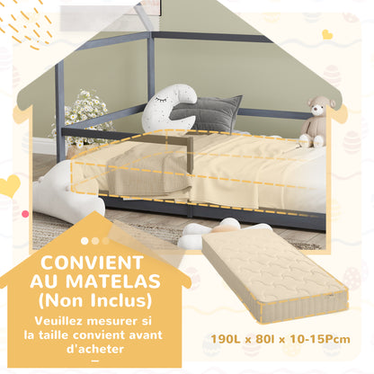 AIYAPLAY Children'S Cabin Bed 90X190 Cm Children'S Bed Children'S House in Wood with Anti-Fall Protection, Slatted Base And Roof Included, Dim. 196L X 97.5L X 135H Cm Grey