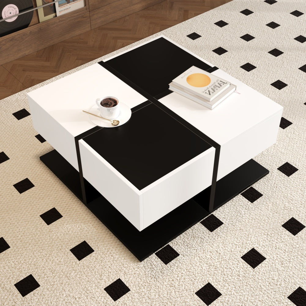Modern Black and White Coffee Table | 70×70×35.5 cm, Square Living Room Storage Table with 2 Drawers, High Gloss Finish, Smooth Drawer Slides, Metal Construction