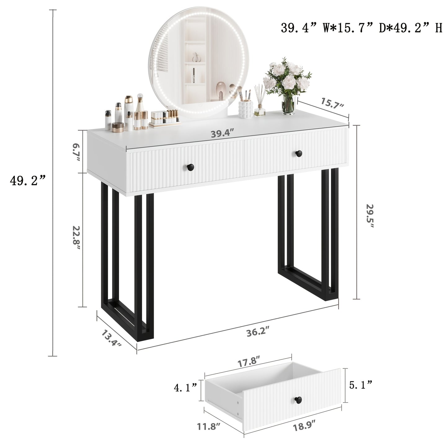 Kaptafel Wit – Make-up Tafel – Schminktisch – Dressingtafel – Toilette – Compact Ontwerp – 2 Ruime Lades – 69 cm Hoogte – Direct Gebruiksklaar – Glamour Stijl
