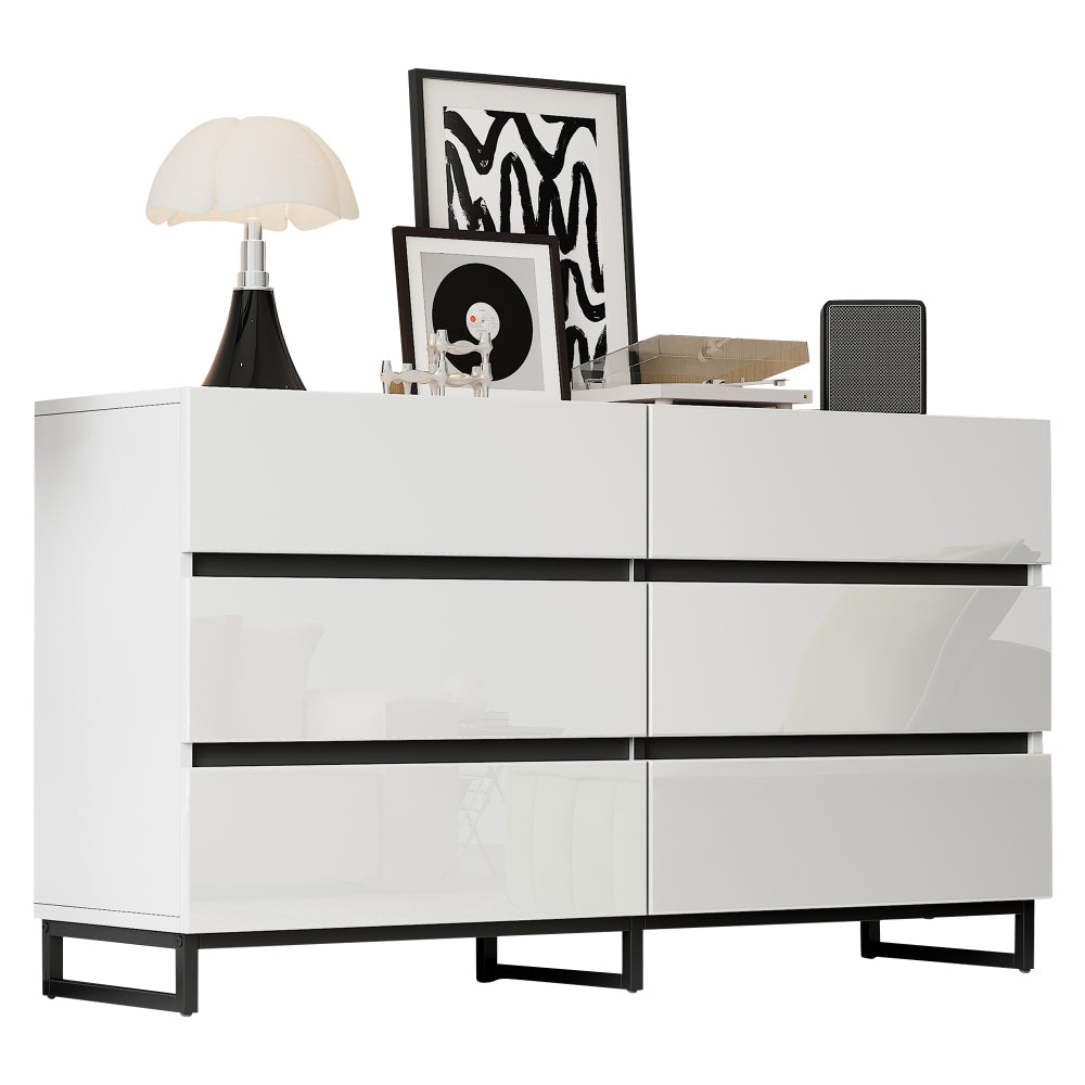 Kast – Opbergkast – Dressoir – Ladekast – Sideboard – Hoogglans Wit – 6 Lades – Metalen Poten – Ruime Opbergruimte – Stevige Constructie