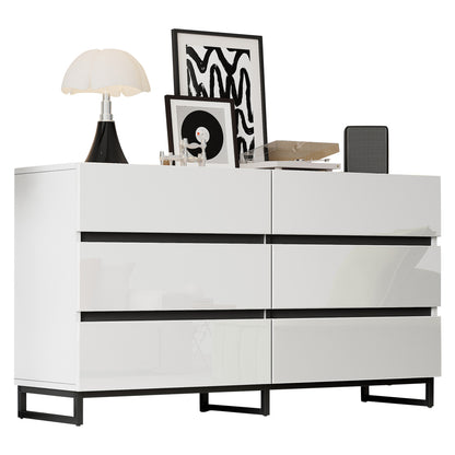 Kast – Opbergkast – Dressoir – Ladekast – Sideboard – Hoogglans Wit – 6 Lades – Metalen Poten – Ruime Opbergruimte – Stevige Constructie