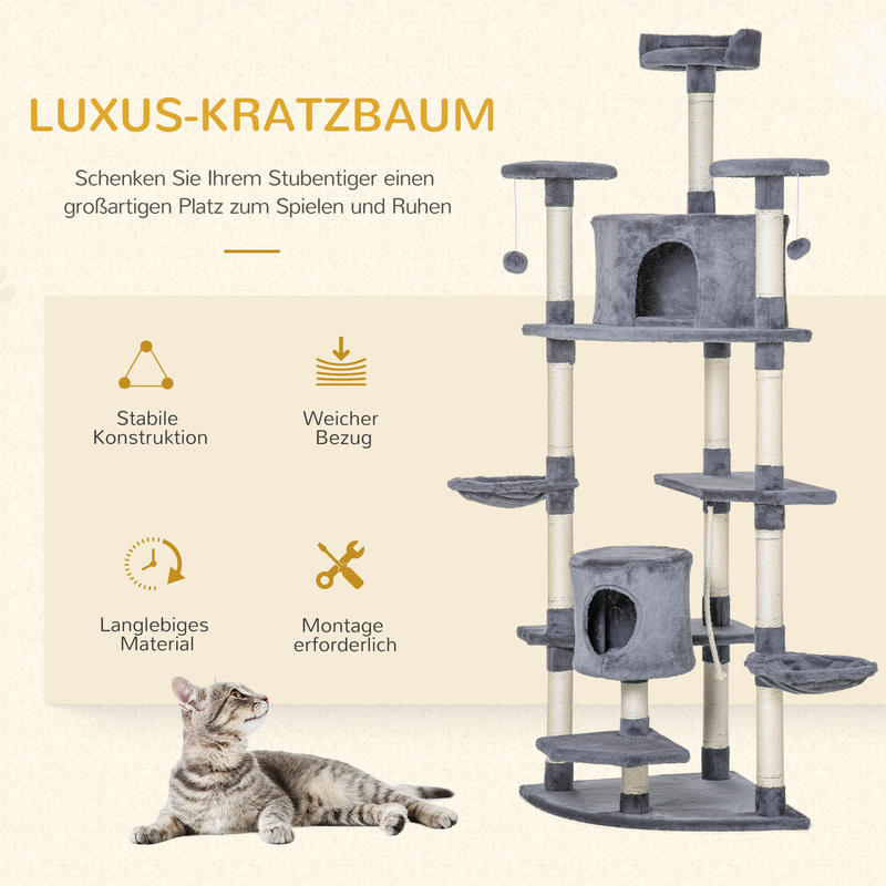 Krabpaal – Kattenboom – Kattenhuis – Krabmeubel – Kattenmand – Twee Hangmatten & Kattenholletjes – Lichtgrijs Sisal & Pluche Speeltje