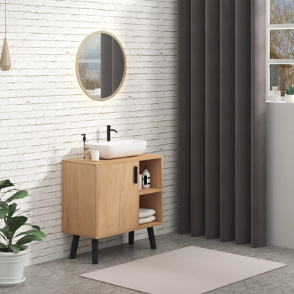 Wastafelmeubel 60x30x60,5 cm – Badkamerkast Onder Wastafel met Uitsparing – Licht Eiken met Zwarte Details – Wastafel Onderkast – Modern & Ruimtebesparend Design