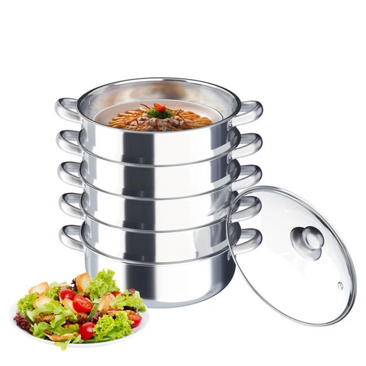 5 Laagse Stoomkoker van Roestvrijstaal – Stapelbare Stomer/Stoompan met Deksel – Diameter 26 cm – Geschikt voor Gezond Koken van Groenten - Vis - Rijst & Dim Sum
