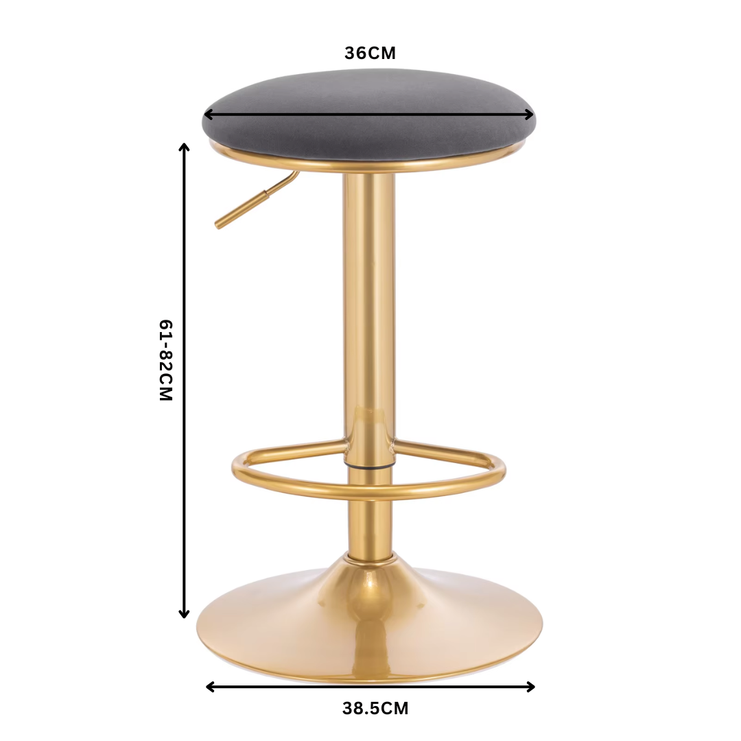 Barkruk Met Voetsteun – Ronde Zitting – 360° Draaibare Bar Kruk – In Hoogte Verstelbare Eetkruk – Moderne Barkruk Voor Keuken, Eetkamer, Bar of Café – Grijs - Goud Design - QUORE