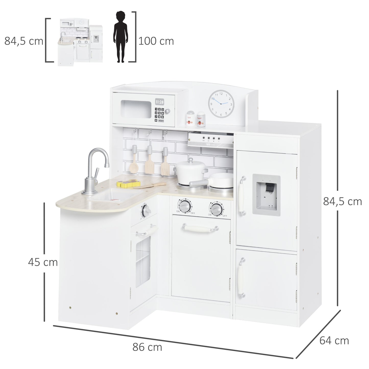 Speelkeuken – Kinderkeuken – Speelkeukentje – Speelkeukentje Voor Kinderen – Wit – 14-delige Accessoireset – Elektrische Waterdispenser – Afmeting 86x64x84,5 cm