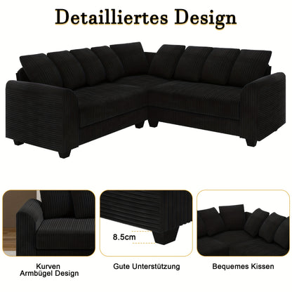 Hoekbank L-Vorm – Hoekbank Modulair – Loungebank – Sectiebank – Zwarte Corduroy Stoffering – Plush Schuim Kussens – Multifunctioneel Design