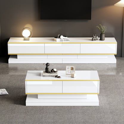 tv-meubel – tv-kast – tv-console – salontafel – woonkamermeubel – Hoogglans Wit Met Gouden Accenten – 3 Laden Tv-meubel & 2 Laden Salontafel