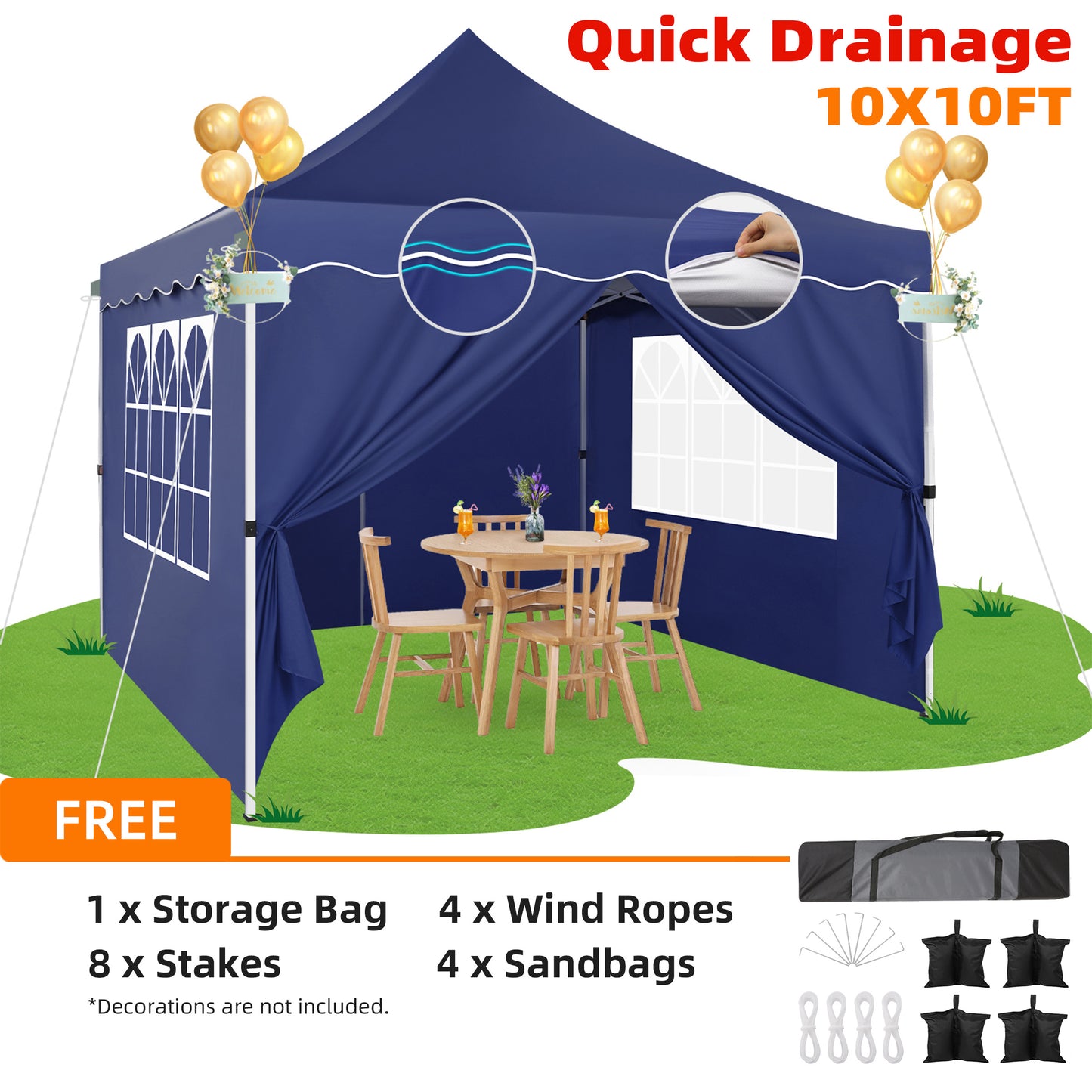 3.05x3.05meter Pop Up Awning With 4 Side Walls, Sun Protection Awning Tent, Thickened Frame, Easy Pop Up Awning For Large Space, Comes With Carrying Bag And Spare Parts, Outdoor Awning For Wedding, Beach, Party, Patio