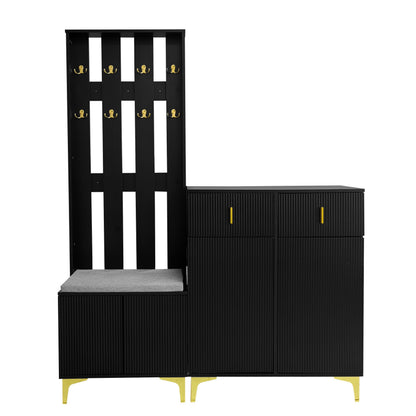 Wardrobe Set With Shoe Bench And Cushions, Wardrobe Front With Hooks, Shoe Cabinet With Drawers And Doors