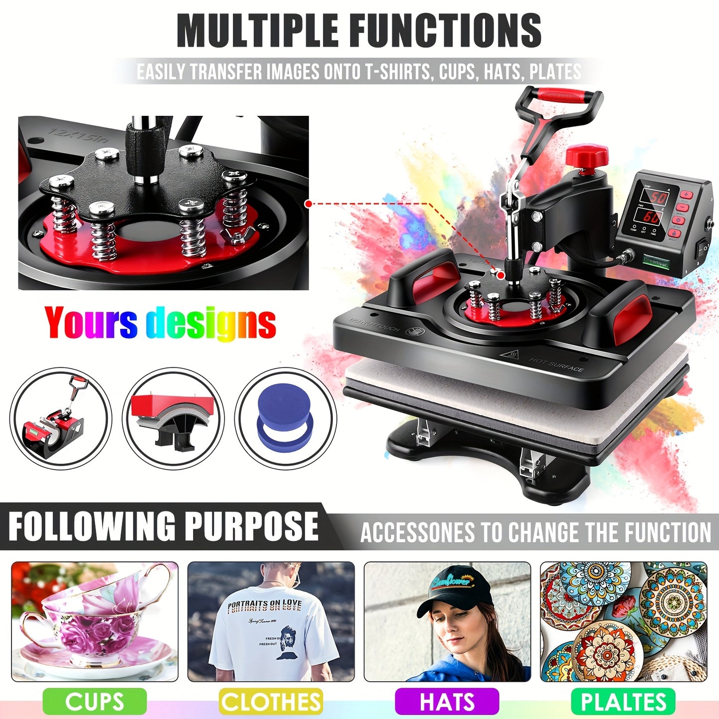 Transferpers – Hittepers – Warmtepers – Heat Press – 5-in-1 Multifunctioneel – 38x30 cm Werkoppervlak – 360° Draaibaar