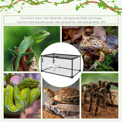 Terrarium voor schildpadden – Reptielenbak – Vivarium – Terrariumkast – Reptielenhuis – Met Sluitbaar Metalen Gaasdeksel – Gemaakt van Glas en Metaal – Inclusief Platform met Oprit en Thermometer – Afmetingen 50x30x25 cm