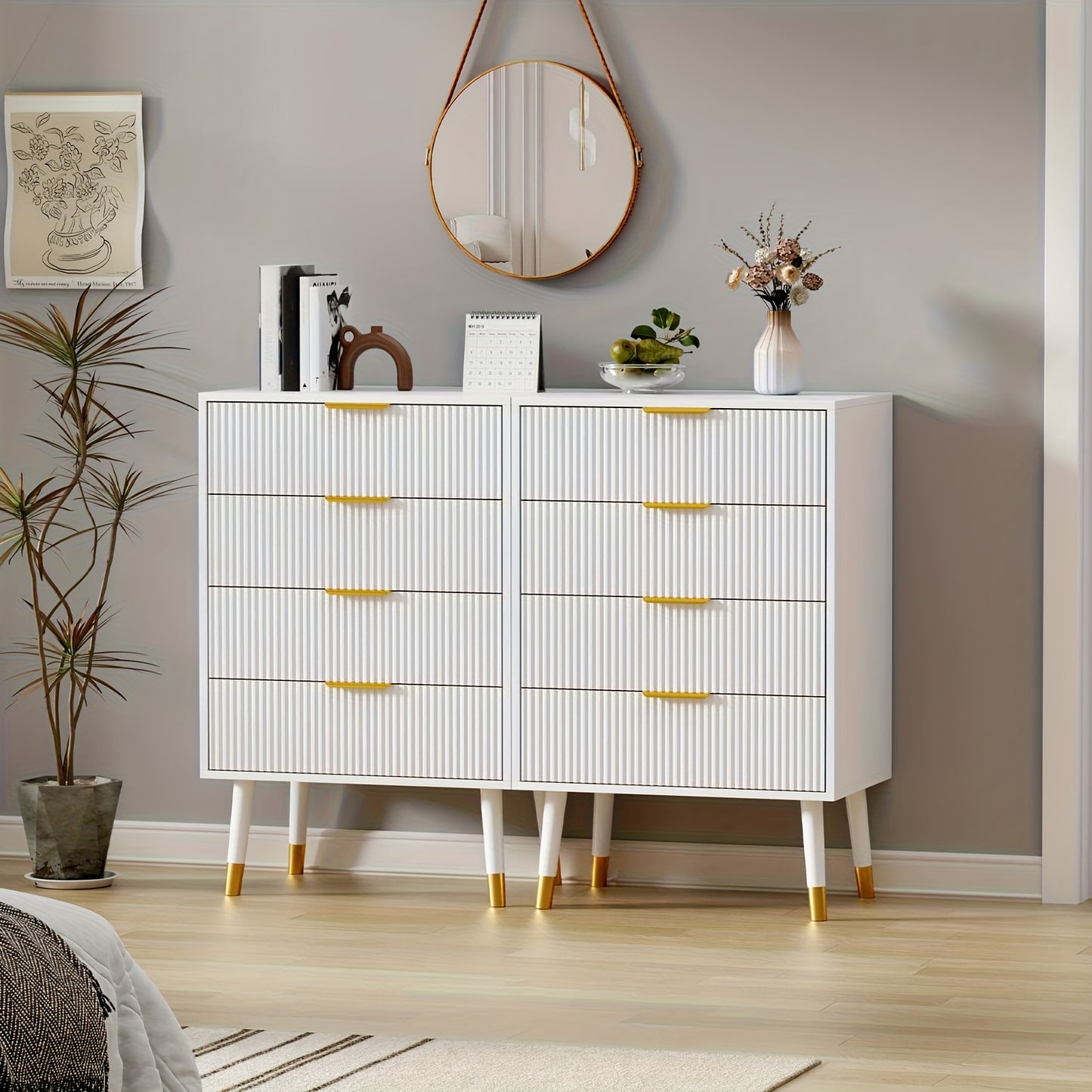 Commode – Ladekast – Dressoir – Kast – Nachtkastje – Wit – Gouden Accenten – 4 Lades – Compact & Ruimtebesparend