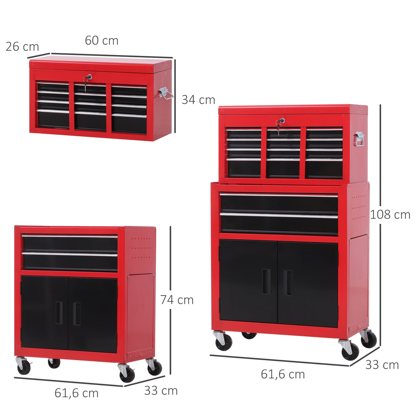 Gereedschapswagen – Werkplaatswagen – Gereedschapstrolley – Gereedschapskar – Gereedschapskast – 6 Lades + Afneembare Gereedschapskist – Stalen Constructie – Rood/Zwart