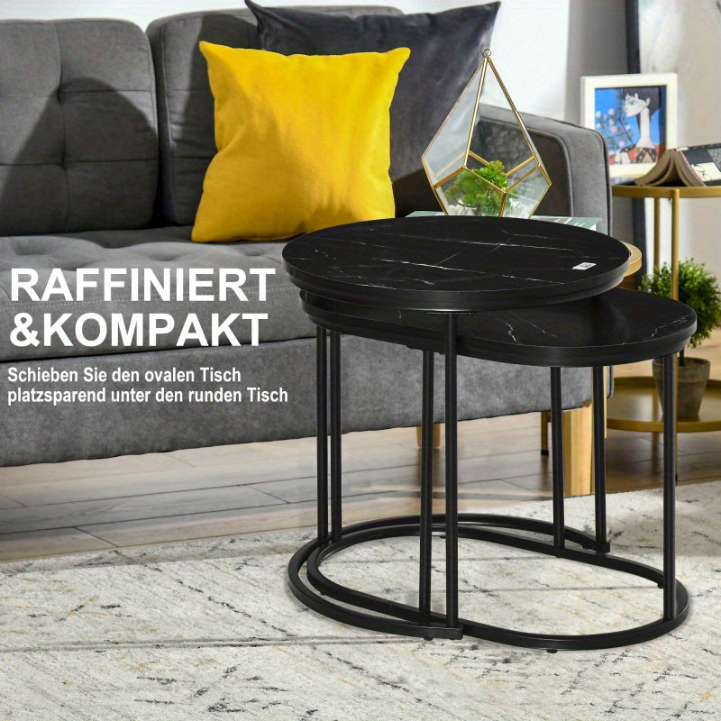 Salontafel – Koffietafel – Bijzettafel – Woonkamertafel – Zwart Stalen Frame – Stapelbaar & Marmerlook MDF Blad – 50 x 50,5 cm / 60 x 36 cm – Max 30 kg Draagkracht
