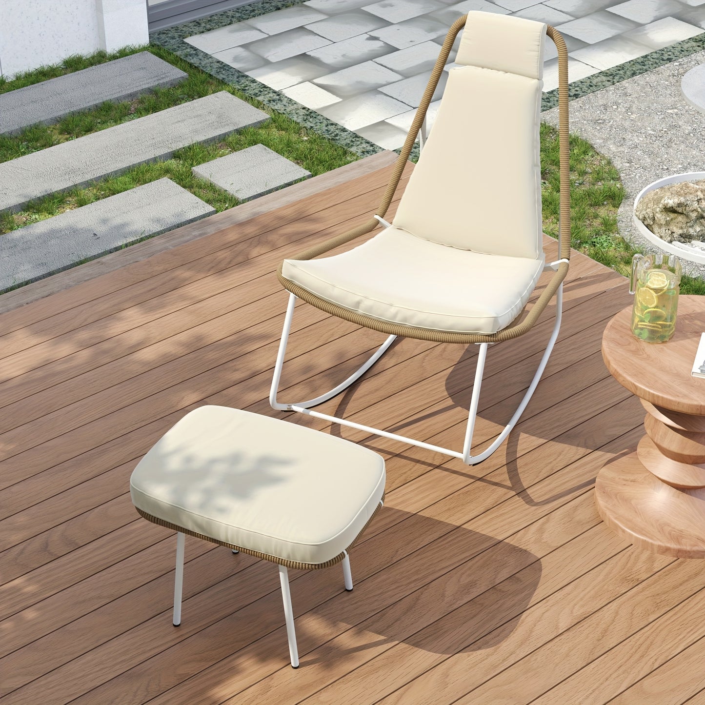 Set 2x Vrijstaande Leisure‑Stoelen met Voetenbank – Handgeweven Touw (Rope) Design, Belastbaarheid 160 kg – Ideaal voor Balkon, Woonkamer of Thuis/Office Lounge