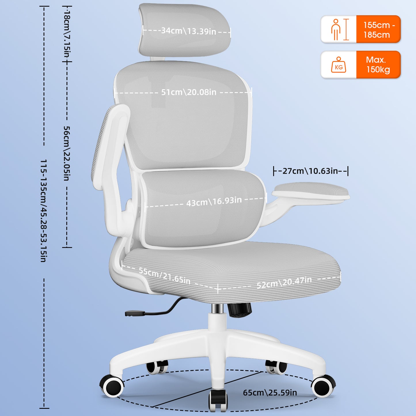 Office Chair with Adjustable Headrest, Armrests, and Lumbar Support, Load Capacity up to 150 kg