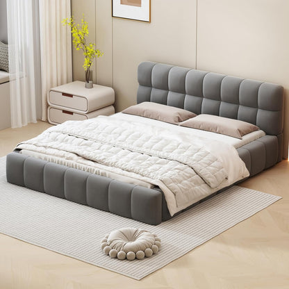 Tweepersoonsbed – Gestoffeerd Bed – Slaapbank – Ledikant – Bedframe – 140x200 cm – Linnen Bekleding – Stevige Lattenbodem