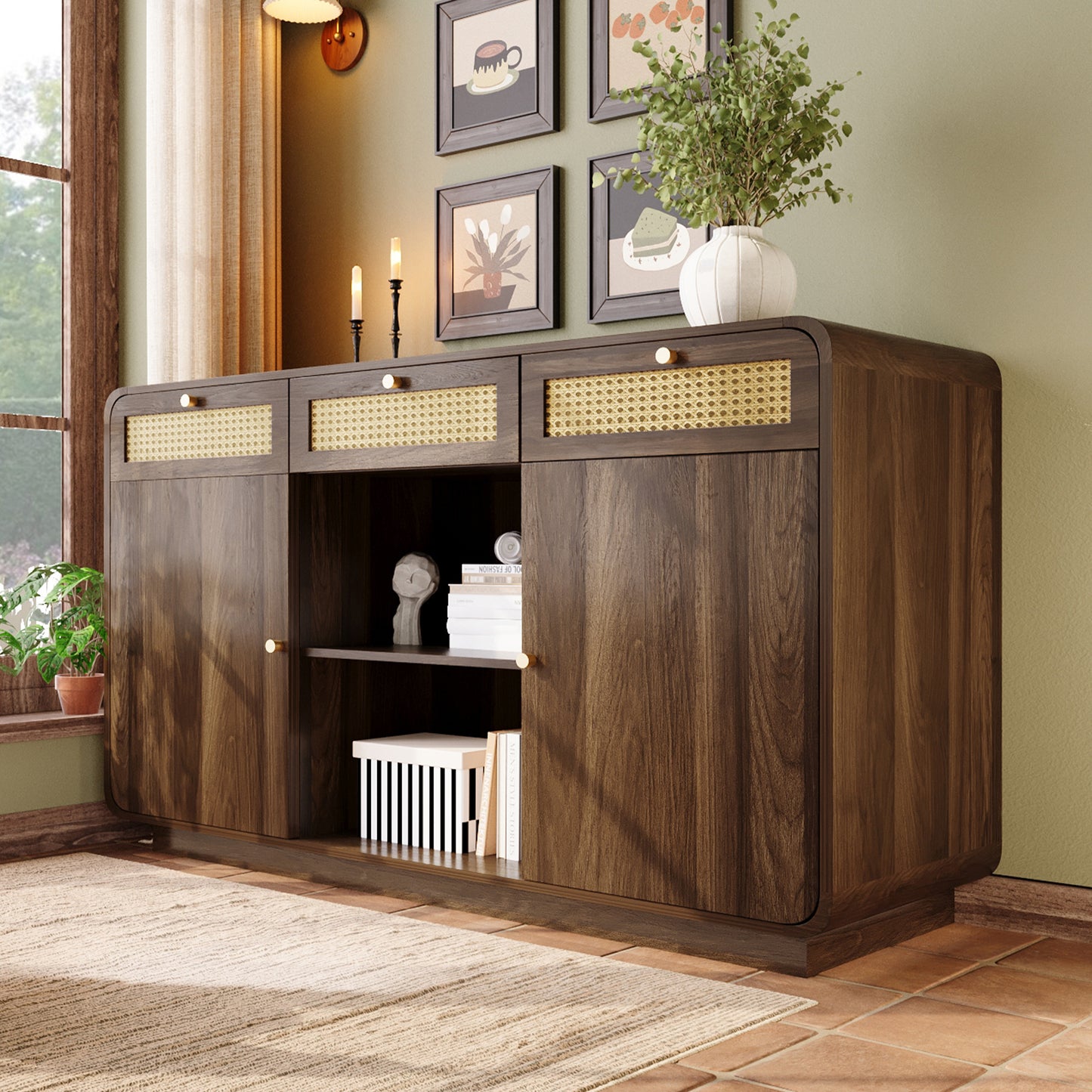 Dressoir – Sideboard – Opbergkast – Ladekast – Buffetkast – Notenhout Met Rattan Details – 120x40x85 Cm – Verstelbare Planken