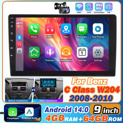 Autoradio – Multimedia Systeem – Navigatiesysteem – Touchscreen Radio – In-Car Entertainment – Android 14.0 – 9 Inch IPS Scherm – Draadloze CarPlay & Android Auto – Inclusief AHD Achteruitrijcamera – 4GB RAM 64GB Opslag
