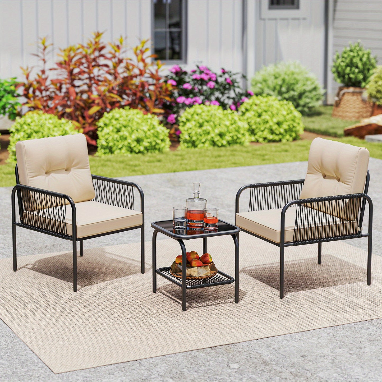 3-delig Bistro Set – Tuinset – Terrasmeubel – Patio Meubels – Balkonset – Lichtbeige PE Rattan – Gehard Glas Tafel – Comfortabele Zachte Kussens