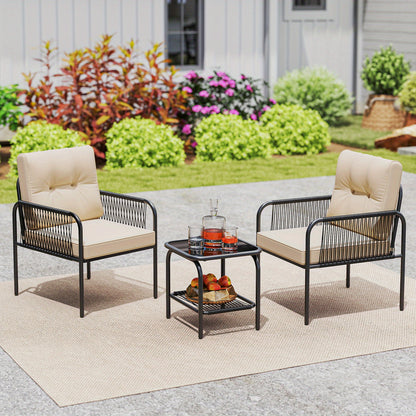 3-delig Bistro Set – Tuinset – Terrasmeubel – Patio Meubels – Balkonset – Lichtbeige PE Rattan – Gehard Glas Tafel – Comfortabele Zachte Kussens