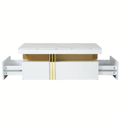 Modern Rectangular Coffee Table, High-gloss Tabletop with 2 Wooden Drawers, Marble Top, for Living Room, 100*50*40cm