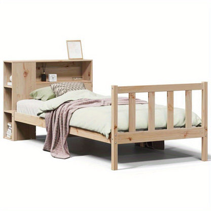 Bedframe – Studiebed – Opbergbed – Boekenbed – Eenpersoonsbed – Massief Pijnhout – Met Boekenplank Hoofdeinde – Compact 75x190 cm – Eenvoudige Montage – Modern Minimalistisch Design – Marrone