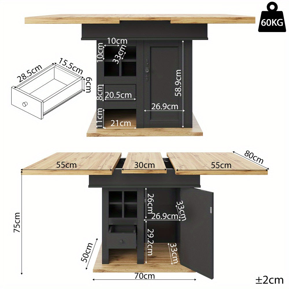 Uitklapbare Eettafel – Uitschuiftafel – Vouwtafel – Keukentafel – Moderne Tafel – Met Wijnrek en Lade – Ruimtebesparend Design – Hoogwaardig MDF en Metaal