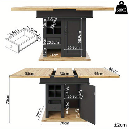Uitklapbare Eettafel – Uitschuiftafel – Vouwtafel – Keukentafel – Moderne Tafel – Met Wijnrek en Lade – Ruimtebesparend Design – Hoogwaardig MDF en Metaal