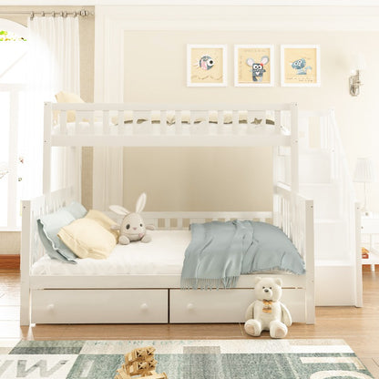 Hoogslaper – Stapelbed – Kinderbed – Mezzaninebed – Halfhoogslaper – Stabiele Trap – 2 Grote Lade Opbergruimtes – 90x200 & 140x200 cm – Wit Modern Design