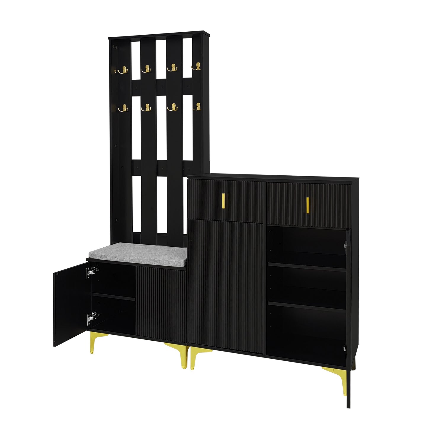 Wardrobe Set With Shoe Bench And Cushions, Wardrobe Front With Hooks, Shoe Cabinet With Drawers And Doors