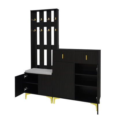 Wardrobe Set With Shoe Bench And Cushions, Wardrobe Front With Hooks, Shoe Cabinet With Drawers And Doors