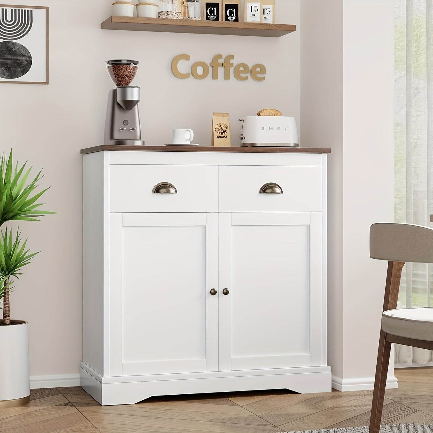 Dressoir – Keukenkast – Ladekast – Buffetkast – Opbergkast – Wit MDF – 80x40x90 cm – 2 Deuren en 2 Laden – Verstelbare Plank