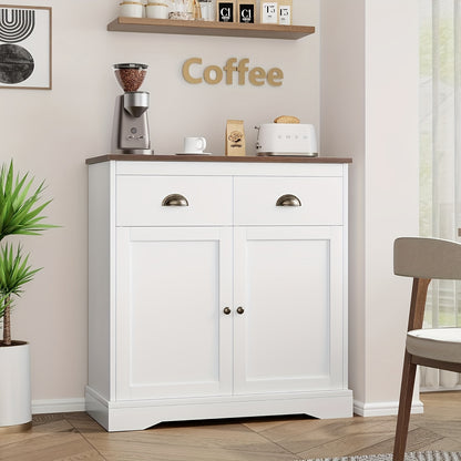 Dressoir – Keukenkast – Ladekast – Buffetkast – Opbergkast – Wit MDF – 80x40x90 cm – 2 Deuren en 2 Laden – Verstelbare Plank
