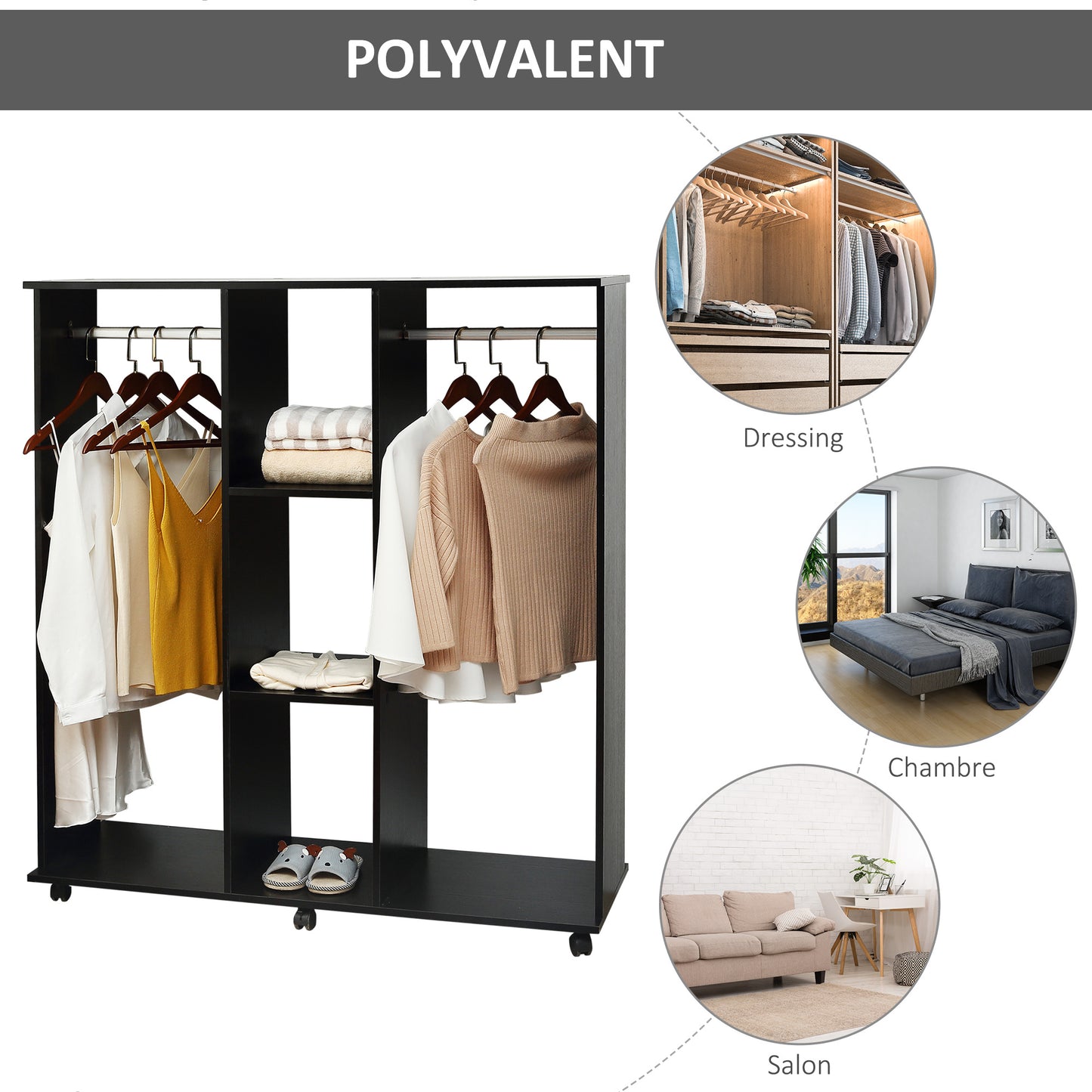 HOMCOM Wardrobe Closet Storage Furniture Mobile 6 Wheels 120L X 40W X 128H Cm in Black Wood, Portable Closets