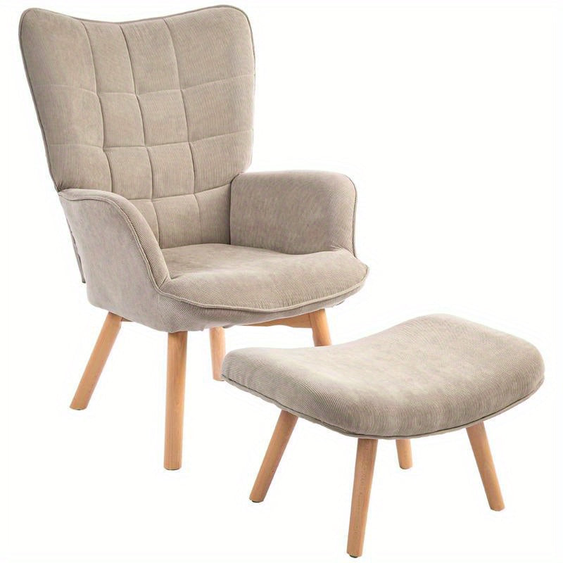 Modern Accent Chair with Ottoman - Ergonomic High-Density Foam Cushion & Hardwood Legs, Multifunctional Lounge Chair with Removable Ottoman, Easy Assembly, Beige/Neutral Tones for Living Room, Bedroom, Hallway - Durable Plast