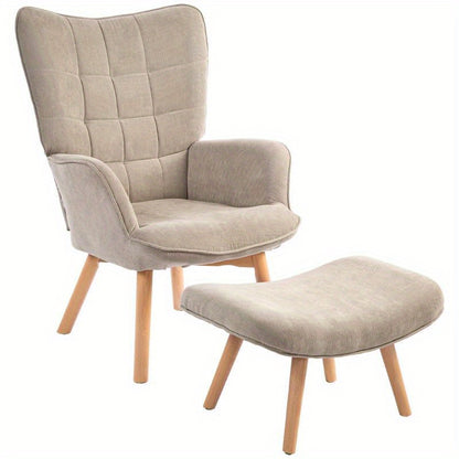 Modern Accent Chair with Ottoman - Ergonomic High-Density Foam Cushion & Hardwood Legs, Multifunctional Lounge Chair with Removable Ottoman, Easy Assembly, Beige/Neutral Tones for Living Room, Bedroom, Hallway - Durable Plast