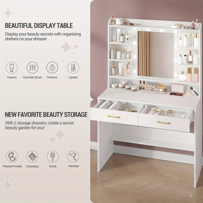 Kaptafel – Make-uptafel – Schminktafel – Toilletmeubel – Vanity – Met Spiegels – Verstelbare Helderheid – 40 x 100 x 149 cm – Wit – Met 2 Laden En Opbergruimte