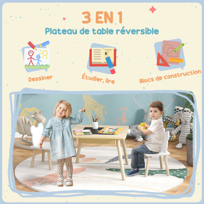 Speelmeubel Kindermeubel Tafelset Kinderstoel Tafel Voor Kinderen – Natuurlijke Houtlook – Krijtbord Reversibel Tafelblad – Handige Opbergruimte
