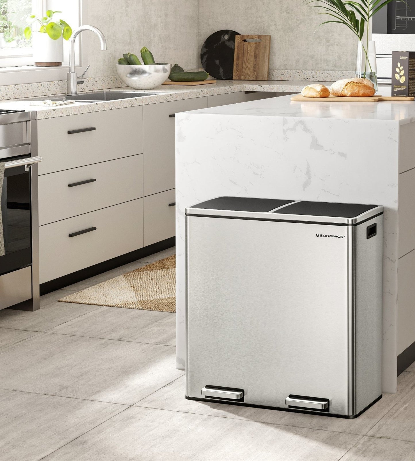 Afvalbak – Prullenbak – Vuilnisbak – Afvalemmer – Gft Bak – 2 Compartimenten – Met Metalen Pedalen – 60 Liter – Soft Close – Uitneembare Kunststof Binnenemmers – 58.6 x 32 x 65 cm - Zilver-Zwart