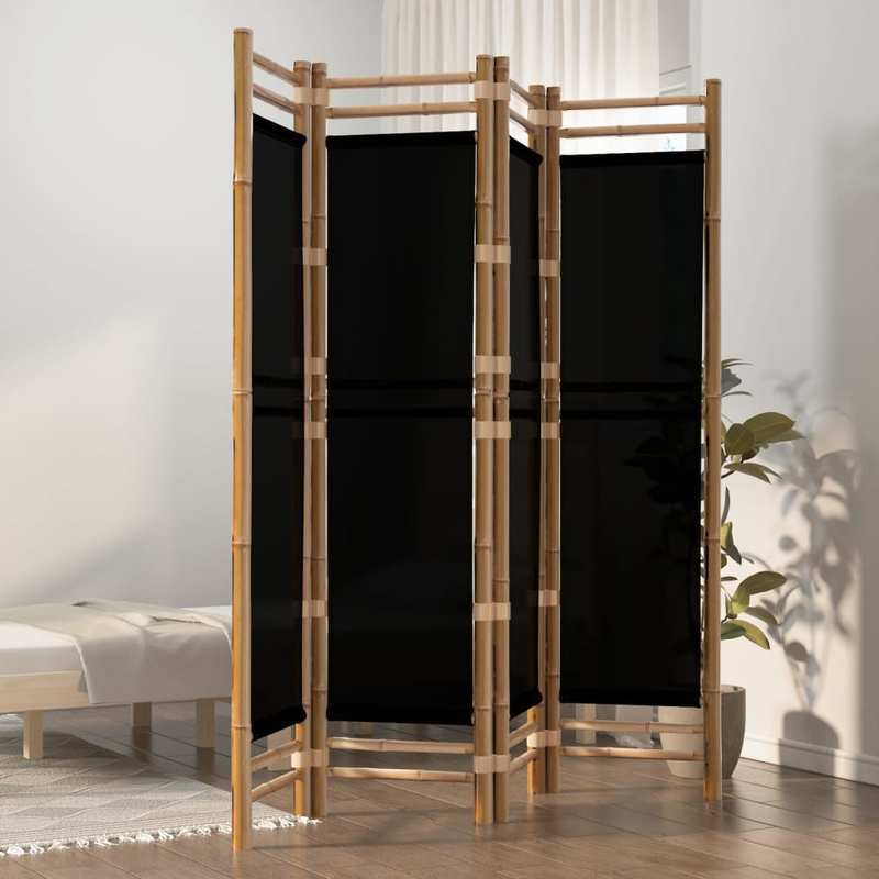 Kamerscherm – Room Divider – Scheidingswand – Privacy Scherm – Vouwscherm – 4-Paneel – Bamboe Frame – Zwarte Stof – 160 cm Hoog – Inklapbaar & Ruimtebesparend