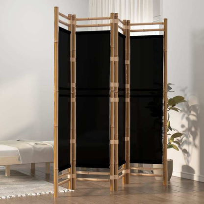 Kamerscherm – Room Divider – Scheidingswand – Privacy Scherm – Vouwscherm – 4-Paneel – Bamboe Frame – Zwarte Stof – 160 cm Hoog – Inklapbaar & Ruimtebesparend