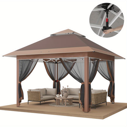 Paviljoen – Tuinpaviljoen – Partytent – Pergola – Prieel – Verstelbare Hoogte – Met Muskietennet – 3,28x3,28 m – Aluminium Frame – Opvouwbaar Met Draagtas Op Wieltjes - Bruin
